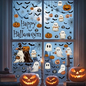 Adesivi per Finestre di Halloween in PVC ad Aderenza Statica Zucca Fantasma Pipistrello Ragnatela Decalcomanie per Vetro Casa
