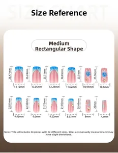 Size guide for medium long square press-on nails showing 12 sizes with detailed measurements