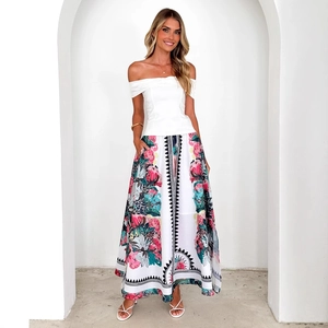Women's off-shoulder white top and floral print maxi skirt set for summer vacation style