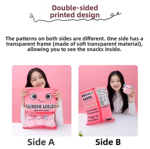 Pink axolotl plush pillow with transparent window and multiple small removable toys