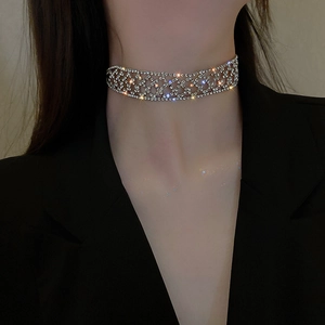 Collier Ras Du Cou En Alliage De Strass Scintillant Large Maille Creuse Chaîne De Clavicule Pour Femmes Fête Club Mode