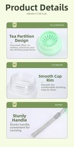 Detailed view of the tea filter, smooth cup rim, and durable gray carry strap
