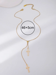 Detail of gold lariat necklace with hollow cross pendants and 46+5cm chain specs