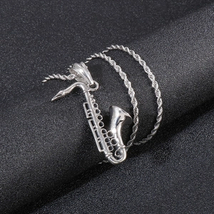 Saxophone Musical Instrument Pendant Necklace Stainless Steel With Rope Chain Hip Hop Style Music Lover Jewelry For Men