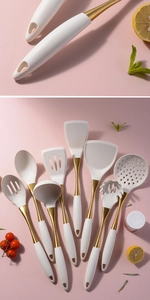 Close-up of 8-piece white silicone kitchen utensil set with elegant gold-plated handles