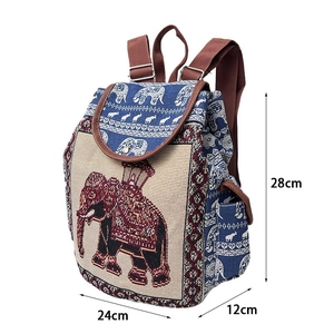 Detailed size guide of ethnic canvas backpack showing 28cm height and elephant embroidery