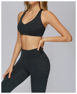 Close-up of charcoal grey yoga set featuring racerback bra and high-waist leggings