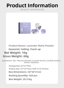 Macro detail of lavender matte setting powder palette with sponge and packaging box