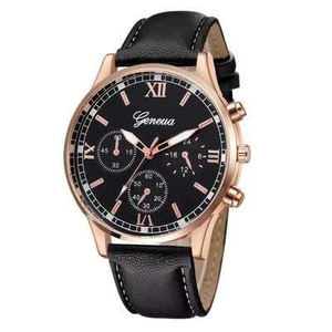 Orologio business da uomo con cassa oro rosa, cinturino in pelle nera e numeri romani