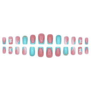 Faux ongles bleu et rose avec motifs papillon et strass, ensemble de 24 pièces