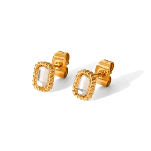 Square gold plated stainless steel studs with white zircon and beaded bezel detail