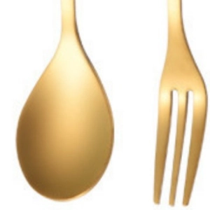 Golden stainless steel leaf-shaped spoon and fork set for coffee and desserts