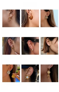 Collage of stainless steel earrings with 18K gold plating and white diamond accents