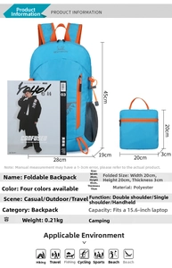 Size chart showing large capacity foldable sports backpack dimensions and features