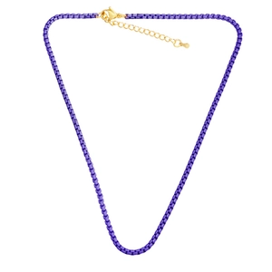 Detail of purple square link chain necklace with gold lobster clasp and extension