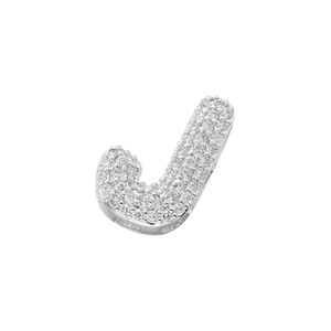 Detailed view of silver iced-out letter J pendant with micro-paved cubic zirconia stones