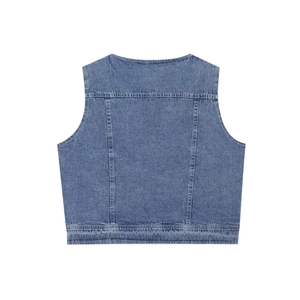 Gilet en jean bleu pour femme avec un design minimaliste au dos et une texture premium