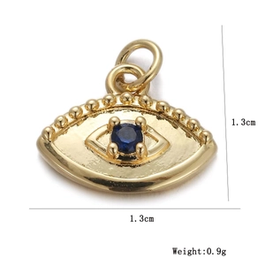 Evil eye pendant detail with 1.3cm size measurement and blue zircon inlay