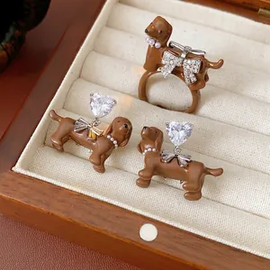 Cute Cartoon Dachshund Dog Earrings And Ring Copper Heart Zircon Rhinestone Bow Faux Artificial Pearl Silver Earring Post For Women