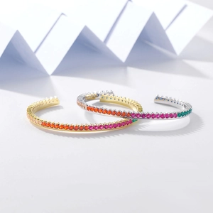Adjustable S925 sterling silver open cuff bracelet with colorful sparkling oval zircons