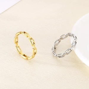 Detailed close-up of hollow square link chain rings in gold and silver stainless steel