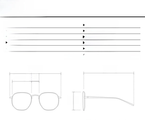 Detailed size chart for retro square sunglasses with frame dimensions and specifications