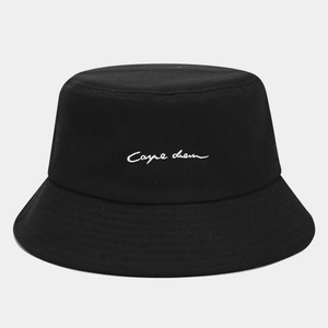 Classic black cotton bucket hat featuring white Carpe Diem embroidery on the front crown