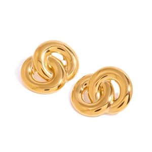 Polished 18k gold double hoop earrings with interlocking rings on white background