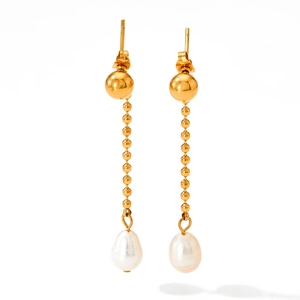Detail of drop earrings with long gold bead chains and white teardrop pearls