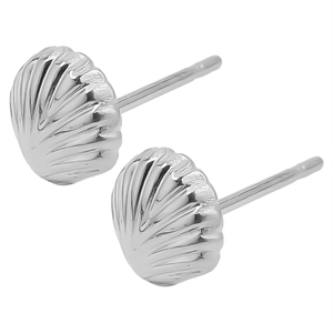 Detailed close-up of shell-shaped stainless steel stud earrings with a polished silver finish