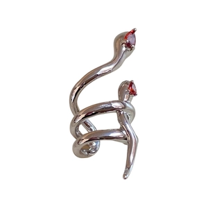 Silver snake ear cuff with red zircon head, minimalist wrap style for non-pierced ears