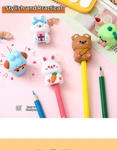 Close-up of cute cartoon animal pencil sharpeners in blue, white, brown and green
