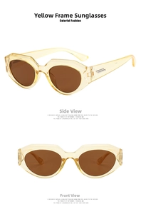 Close-up of yellow geometric polygon sunglasses with brown lenses and silver metal trim