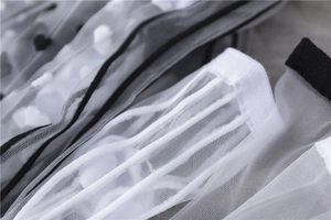 Macro detail of ultra-thin sheer mesh socks featuring black and white polka dot patterns