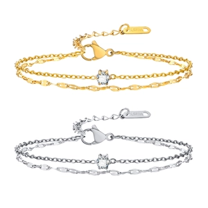 Double Layer Bracelet Stainless Steel With Round Cubic Zirconia Minimalist Adjustable Jewelry For Women