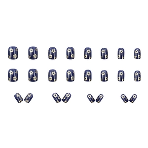 Short round dark blue press-on nails with golden flower patterns, set of 24 pieces