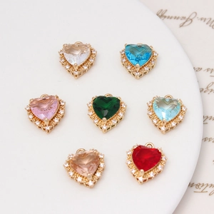 Set of seven colorful heart zirconia pendants for DIY jewelry making in gold setting