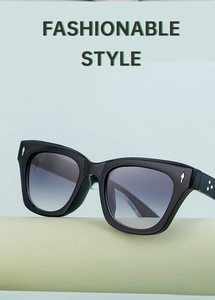 Detailed side view of black square sunglasses with triple star rivets on the temples
