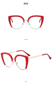 Detailed views of red cat-eye glasses frame with golden metal temples from front and side