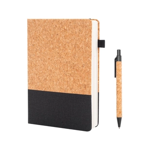 Eco-friendly A5 cork and black fabric notebook set with a matching ballpoint pen