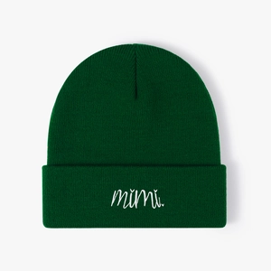 Unisex dark green knitted beanie with white mimi embroidery for winter warmth