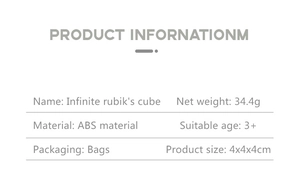 Detailed product specification table for the 4x4cm infinite cube stress relief toy
