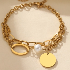 Golden stainless steel baroque bracelet with irregular pearl and round coin pendant