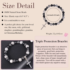 Triple protection bracelet with 8mm tiger eye stone beads and silver cross charm for men