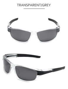 Detail of transparent grey polarized sports sunglasses with UV400 protection and CE mark