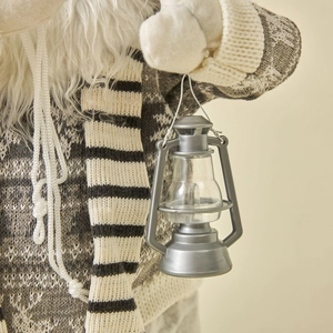 Nordic style Christmas gnome doll with grey knit sweater and silver lantern decoration