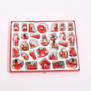 Detailed set of 24 red wooden Christmas tree ornaments featuring nutcracker and snowman