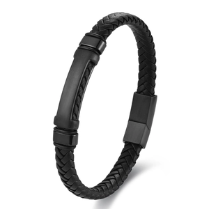 Men Woven Leather Bracelet Stainless Steel Metal Plate Magnetic Clasp Simple Fashion Punk Wristband Bangle Jewelry