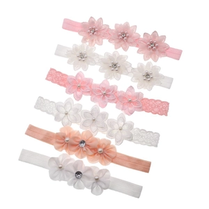 Set of 6 elastic baby headbands with chiffon flowers, lace and pearls in pastel colors