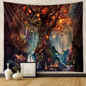 Fantasy Tree Of Life Wall Tapestry Mystical Forest With Glowing Lanterns Waterfall Bohemian Polyester Fabric For Room Decor